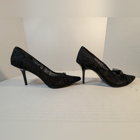 BEVERLY FELDMAN Black Mesh PUMP 3" HEELS SIZE 8.5  Bow Pointed Toes Vintage - Picture 13 of 14